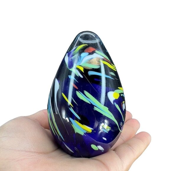 Multicolor Egg Shaped Art Glass Paperweight Figurine Cobalt Blue Dots 4"T 2.25"W - Picture 6 of 12
